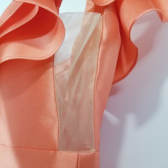 Sherri Hill Coral Formal Dress with Ruffles Fit & Flare Side Sheer Pockets - Picture 5 of 12